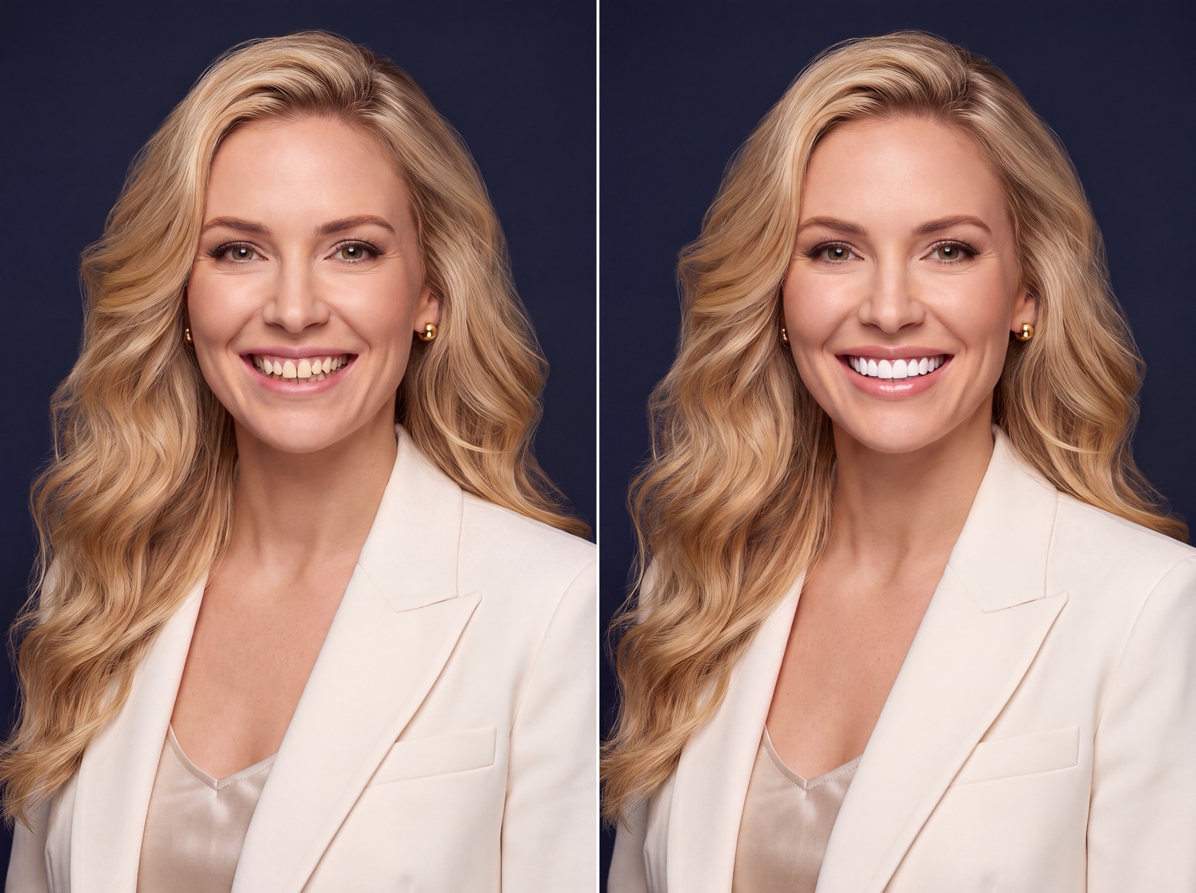 Before and after smile makeover example for a blonde woman.