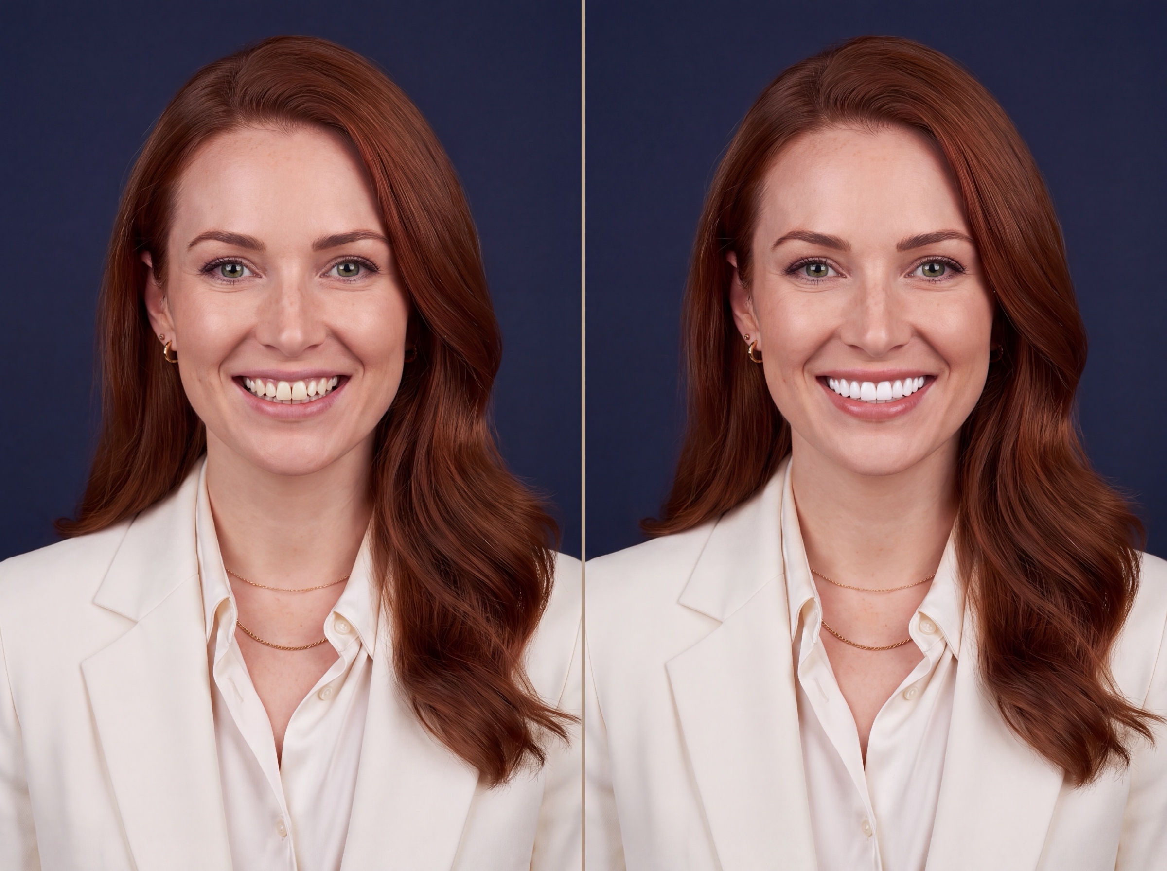 Before and after smile makeover example for a red-haired woman.